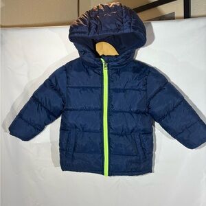 Kids Toddler Size 3T Winter Puffer Hooded Jacket - Navy with Neon Green Zipper